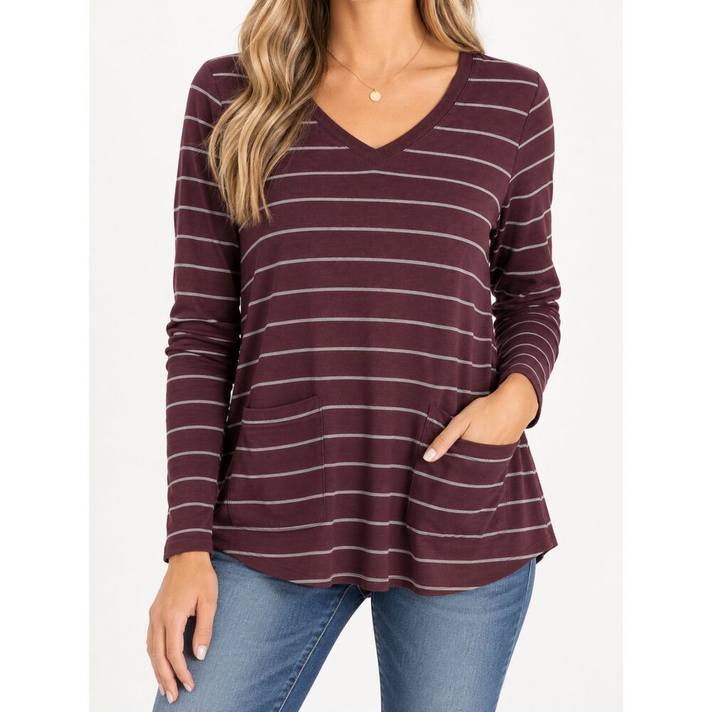 J.Jill Womens 1X Burgundy Striped V Neck Tunic Top Long Sleeve Pockets Cotton